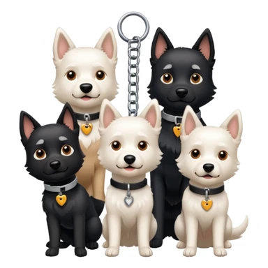 Four white dogs hanging a black dog with a collar sticker