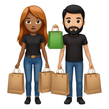 Chica con cabello cobrizo largo y chico con cabello y barba negra los dos vestidos de jeans y camiseta negra con bolsas de compras  sticker