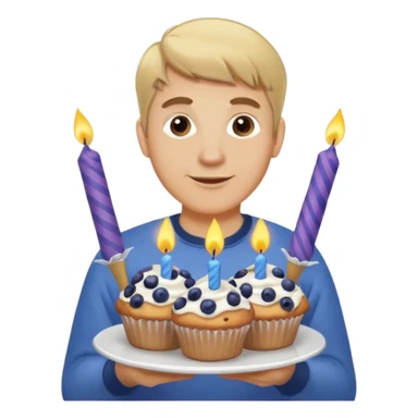 It is my friend virginias birthday. Create emoji with me saying happy birthday Virginia while holding blueberry muffins with birthday candles in them! I am a white man make the emoji with dirty blonde hair. Have a banner that says happy birthday  sticker