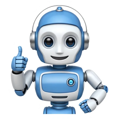 A blue and white robot smiling and winking with one eye, making a thumbs-up sign with one hand. sticker