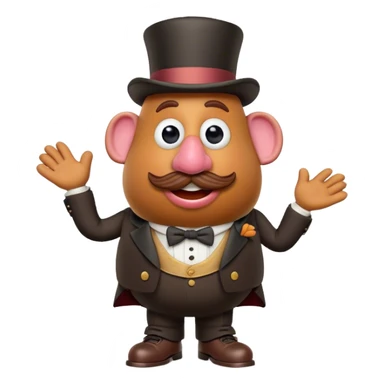 Create a 3D Pixar-style Mr. Potato Head character with a rounded, slightly uneven shape, expressive eyes, a wide smile, and cartoonish limbs, dressed in a victorian suit and top hat sticker