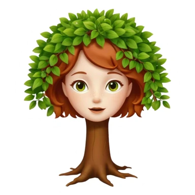 Un petit sapin vert sylvestre, féminin, regard malicieux, tâches de rousseurs délicates, joues roses. Yeux de biche brillants en forme amande, yeux couleur ambre, tronc couleur acajou. Sapin en mouvement, incurvé pour un effet vivant. Style memoji. sticker