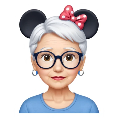 Older woman Hazel eyes short White hair Blue shirt wearing glasses Minnie mouse ears sticker