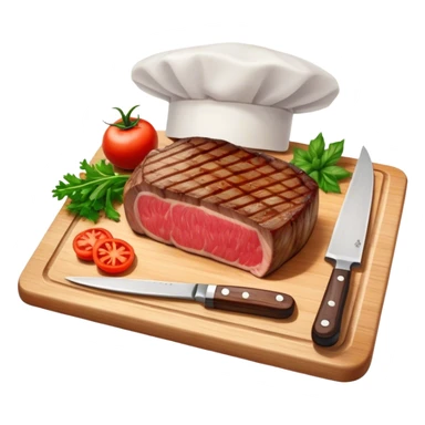 A photorealistic icon featuring a chef's hat, a cutting board with fresh ingredients, a knife, a plate with a well-plated dish, and a beautiful ribeye beef steak. Bright, detailed design with realistic textures and lighting. Transparent background, clearly symbolizing cooking and culinary arts. sticker