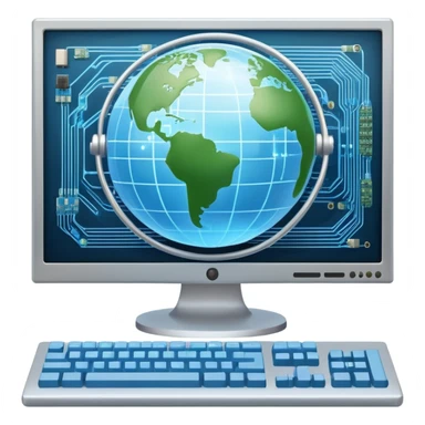An icon featuring a computer monitor displaying code, a globe with network nodes, and a circuit board, symbolizing IT. The design includes data streams, cloud storage, and a keyboard, representing digital innovation, connectivity, and problem-solving. Transparent background sticker
