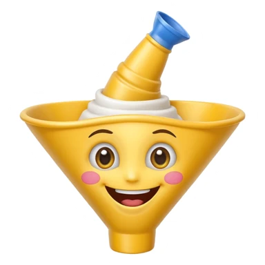 Crazy laughing emoji with an upside-down kitchen funnel on its head (not a hat), wide smile, big eyes, cartoon emoji style, bright colors. sticker