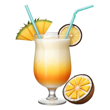 A beautiful cocktail with a creamy white to orange gradient, containing coconut juice and mango, reminiscent of summer. Above, there are tropical flowers, lemon slices, and straws. sticker
