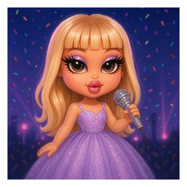Pretty and girly Blonde pop star with bangs wearing a sparkly tulle light purple ballgown, holding a bedazzled microphone, reimagined as a cute Bratz doll, with a nighttime concert backdrop with colorful confetti sticker