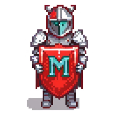 Knight with red and black armor holding a shield with the letter M on it sticker