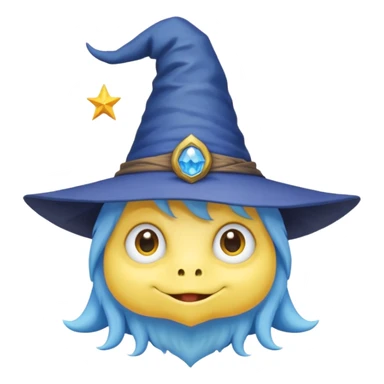 cute monster with white body, yellow tail, wearing blue sky witch hat. the face facing the front towards the 4th wall sticker