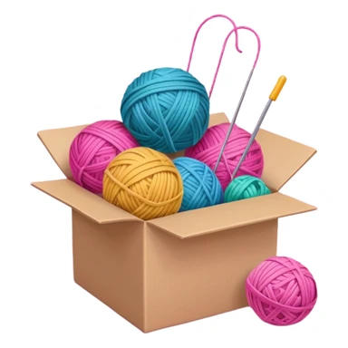 paper box with toys, ball of yarn, pink sticker