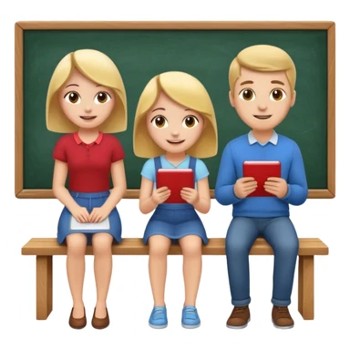 Girl is teaching a guy how to make emojis. Girl at blackboard, guy on bench learning. sticker