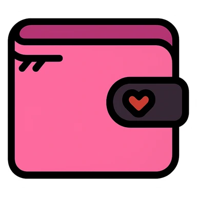 pink and black gothic wallet, modern, clean lines, minimalistic, with a heart accent sticker