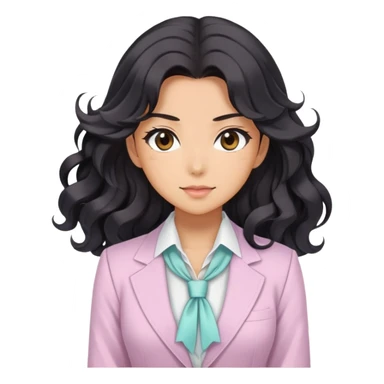 Pretty anime girl with flowing black wavy hair in a professional but feminine pastel outfit, confident boss lady pose sticker