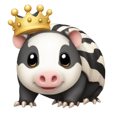 Black and white piebald chubby round armadillo pig panda centipede armadillo wearing a crown sticker