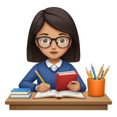 A student with dark hair is reading a book and taking notes in a notebook. There are also papers and textbooks on the table. sticker
