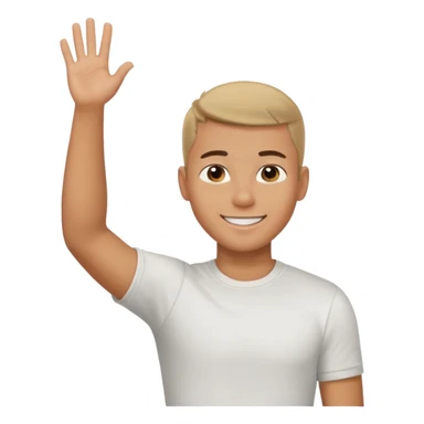 joven bronceado corte de soldado oscuro muy cortito polera blanca sonrisa bonita saludando mano arriba sticker