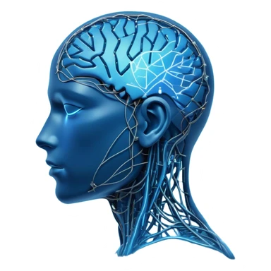 A futuristic and sleek AI-themed emoji. A glowing blue human head silhouette with a transparent effect, filled with interconnected circuit lines and neural nodes, symbolizing artificial intelligence. The head has a smooth, minimalistic design with a subtle glow around it. One side of the head blends into a digital pixelated pattern, showing the transition between human and machine intelligence. A small floating holographic brain or chip icon hovers near the head, reinforcing the AI theme. The background is dark or gradient blue to enhance the high-tech feel sticker
