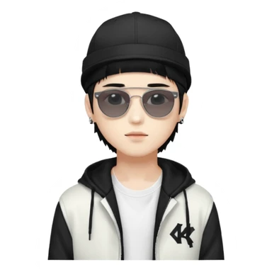 Portrait of a male K-pop idol, white skin, wearing a stylish streetwear outfit with layered clothing, makeup, wearing a black cap, sunglasses sticker