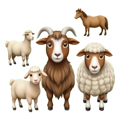 Icon for Domestic Hooved Animals: A gentle collage featuring a brown goat with large, curious eyes, a calm sheep with soft wool and a horse with a flowing mane. Background with a green pasture and a few hay bales. Transparent background. sticker