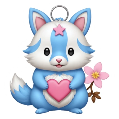 GENERATE ME A MOMONGA WHITE ANIMAL  FROM CHIIKAWA AND PUT A SAKURA FLOWER ON HIS HEAD AND A STAR PELT ON HIS BELLY AND A HEART PURSE ON HIS ARM WITH HIS FACE MAKE HIS TOUNGE STICK OUT WITH A LITTLEPINCH OFDROOL AND MAKE HIM ANIME STYLED ART GIVE HIM A BIG BLUE FLUFFY TAIL JUST TAIL sticker