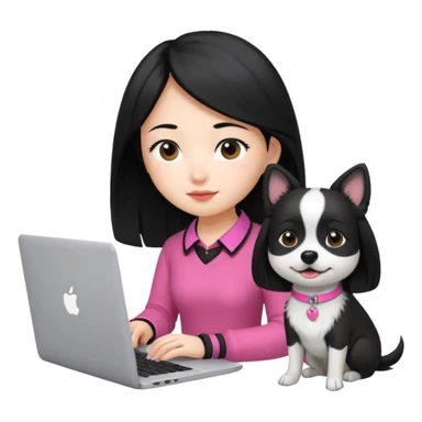 Asian girl with long black hair working on an Apple laptop, next to her is a small black and white dog with pink collar on  sticker