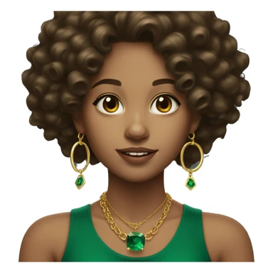 A lightskinned girl with dark brown long curly hair and emerald green top with gold necklaces and tiny gold hoop earrings  sticker