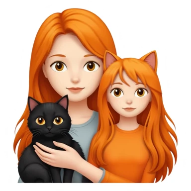 A long-haired girl holding a black cat and an orange long haired cat sticker