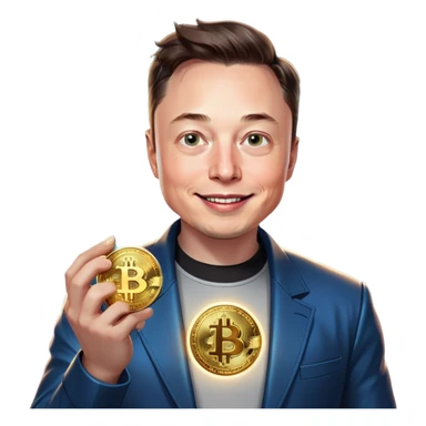 Elon Musk holding a shiny Bitcoin coin, with a futuristic digital glow around it, wearing a sleek space-themed outfit, smiling confidently, in a minimalistic and modern style. sticker