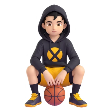 boy kid in a ring sitting pose, black hoodie with hood off, smirk, black crew socks, black messy hair, black basketball shorts, yellow skin sticker