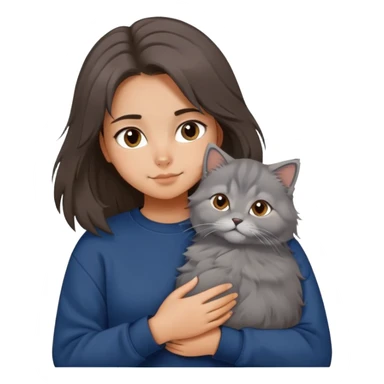 Brunette girl with dark blue sweatshirt snuggling a fluffy grey Siberian cat, cute cartoon style sticker