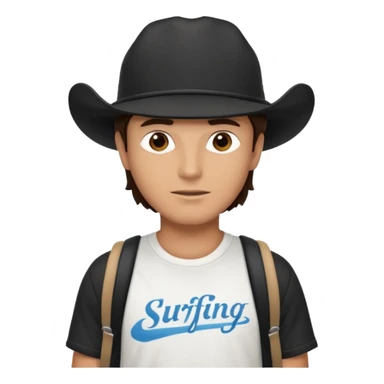 Male brunette movie producer black baseball hat that says surfing cowboys with white tshirt sticker