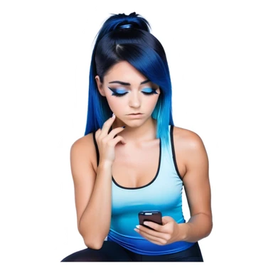 Disapponted-big tears-head back texting on phone-very very large upper body-sexy face-bending forward at waist-very long very straight dark blue to light blue ombre hair-and-blue eyes-thick black eyeliner-long eyelashes-iridescent blue lowcut tanktop with black leggings with glitter superman logo sticker