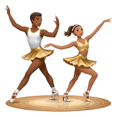 Icon for Sports Dance: a couple performing an energetic synchronized dance in competitive attire, with dance shoes, a rhythmic dance floor, and a competition backdrop. The icon should represent athleticism, technique, and precision. Transparent background. sticker