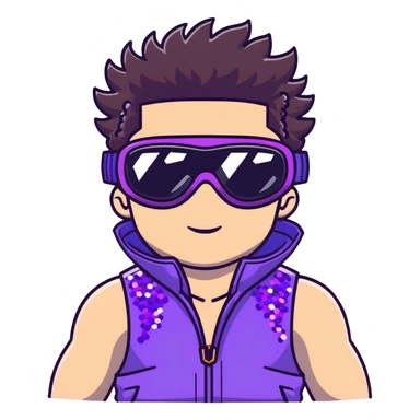 close-up of bad guy male athlete with white skin and moderately curly dark brown hair on top with shaved sides, wearing ski goggles with purple frames and very dark black lenses, a simple plain black chain necklace, and a completely unzipped sleeveless vest with purple and black sequin fire pattern design with no logo, with an extremely arrogant expression sticking his tongue out mockingly, looking menacing and villainous sticker