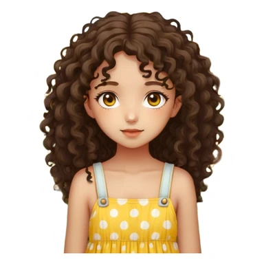 Create an image of a young dark Kawaii girl with detailed features. She has curly hair cascading down her shoulders and striking, large hazel eyes. She is wearing a yellow sundress with white polka dots. She is standing in a field full of sunflowers sticker