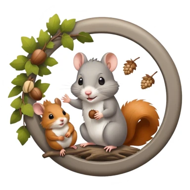 Icon for Rodents: A vibrant collage featuring a playful hamster in a wheel, a fluffy gray mouse with large ears, and a cheeky squirrel holding an acorn. Background with scattered seeds and tree branches. Transparent background. sticker
