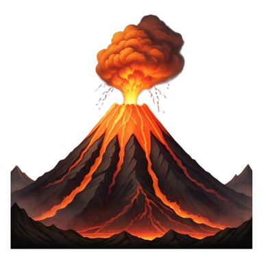 Cinematic Realistic Volcano Emoji, Powerful and awe-inspiring, with molten lava flowing from its jagged, smoking peak, casting an orange glow in the surrounding darkness. The landscape around it is barren and rocky, with clouds of ash rising into the sky. Soft glowing outline, capturing the essence of raw power and fiery energy in a towering volcano. sticker