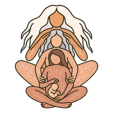 Several generations of women sitting one behind another as in the reference image, all dressed in flesh-colored bodysuits, stylized in Chinese Eastern style similar to zodiac year symbols. Use thin, clean contours with soft rounded shapes. Employ a pastel palette including #98B5BC, #B5B3C1, #C9A3C9, #E4C0CA, #F7DCD1, #F7C0AA. Include detailed shadows and highlights with soft lighting. Transparent background. Less cute, no decorative elements. Silhouettes and composition as in the reference. sticker