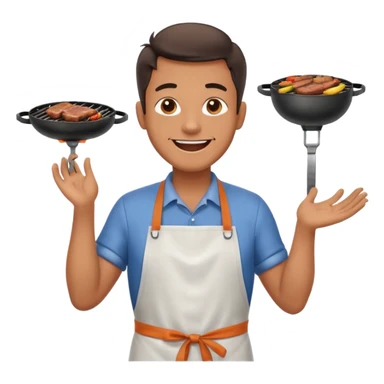 A cheerful man in an apron flipping meat on a sizzling grill with smoke puffing upward. sticker