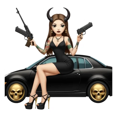 Sensual woman long brown straight haired sexy drug lord woman with tattoos on arm sleeves and black thick butt platform high heels on her feet, and devil black horns on her head, she is holding a skull head and a gun. Sitting on gold car full of cash , long black dress with sexy slit sticker