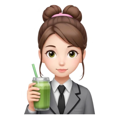 a cute face girl have bright white skin with brown one hair bun and a gray school uniforms and a black
tie, she use a pastel pink bagpack and
she brought a glass of matcha drink. sticker