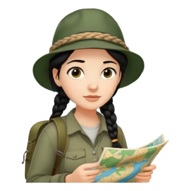A braid black hair backpacking woman checking her map with curious eyes while walking in the woods with camping hat sticker