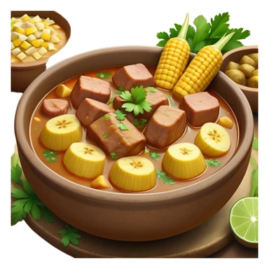 Cinematic Realistic Sancocho Antioqueño Emoji, depicting a hearty Colombian stew brimming with tender cuts of meat, yuca, plantains, corn on the cob, and potatoes in a rich, flavorful broth. Served in a rustic clay bowl with fresh cilantro and lime on the side, rendered with warm, inviting textures and homely, comforting lighting. sticker