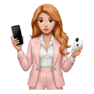 pale skin Kim Kardashian with ginger wavy long Hair, light pink  Spacious classical jacket, light pink palazzo Arrow pants and white blouse holding white IPhone 15 pro in the hands sticker