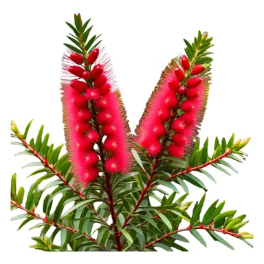 Cinematic Realistic Callistemon Emoji, Vibrant and striking, with spiky red flowers resembling a bottlebrush. The slender leaves create a fine backdrop to the bold blooms, while the plant exudes energy and vitality. Soft glowing outline, capturing the essence of strength, color, and natural beauty in a brilliant callistemon tree! sticker
