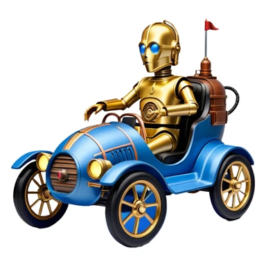  tarnished blue neon underglow C-3PO ghost buster 1927 delicately ornate rosegold wood barrel accents Model-T bucket powered by electric motors and batteries with racing safety belts while flying rapidly roughening terrain stable on strong agile advanced suspension and steering sticker