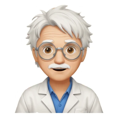 Portrait of an eccentric inventor with messy white hair, round goggles on forehead, wrinkled face with excited expression, wearing a slightly burnt lab coat, background of workshop with blueprints and tools sticker
