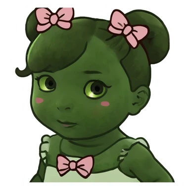 Brown hair, medium skin tone baby girl with bows on her hair, and wearing a white dress with rose designs on it  sticker
