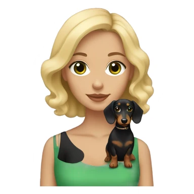 Girl with short wavy blonde hair and green eyes holding a black and tan longhaired dachshund sticker
